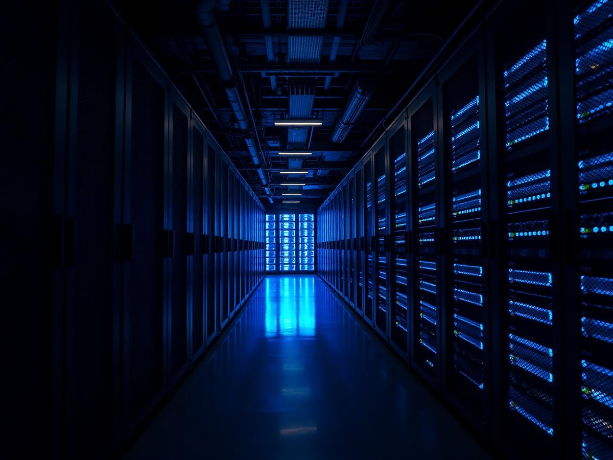 Data center aisle with glowing blue server racks
