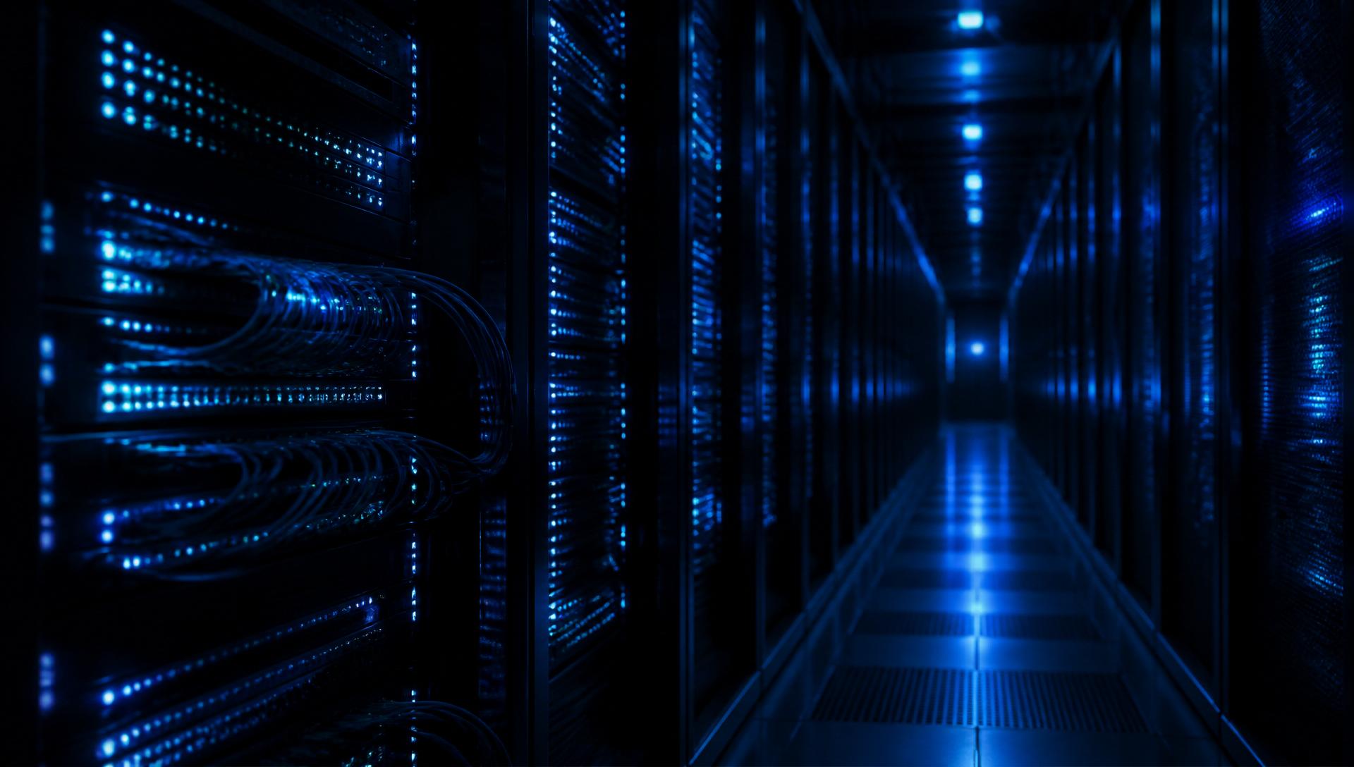 Server racks glowing in a dark data center aisle