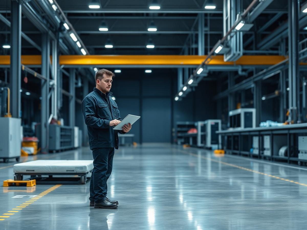 Technician using a tablet on a modern manufacturing floor
