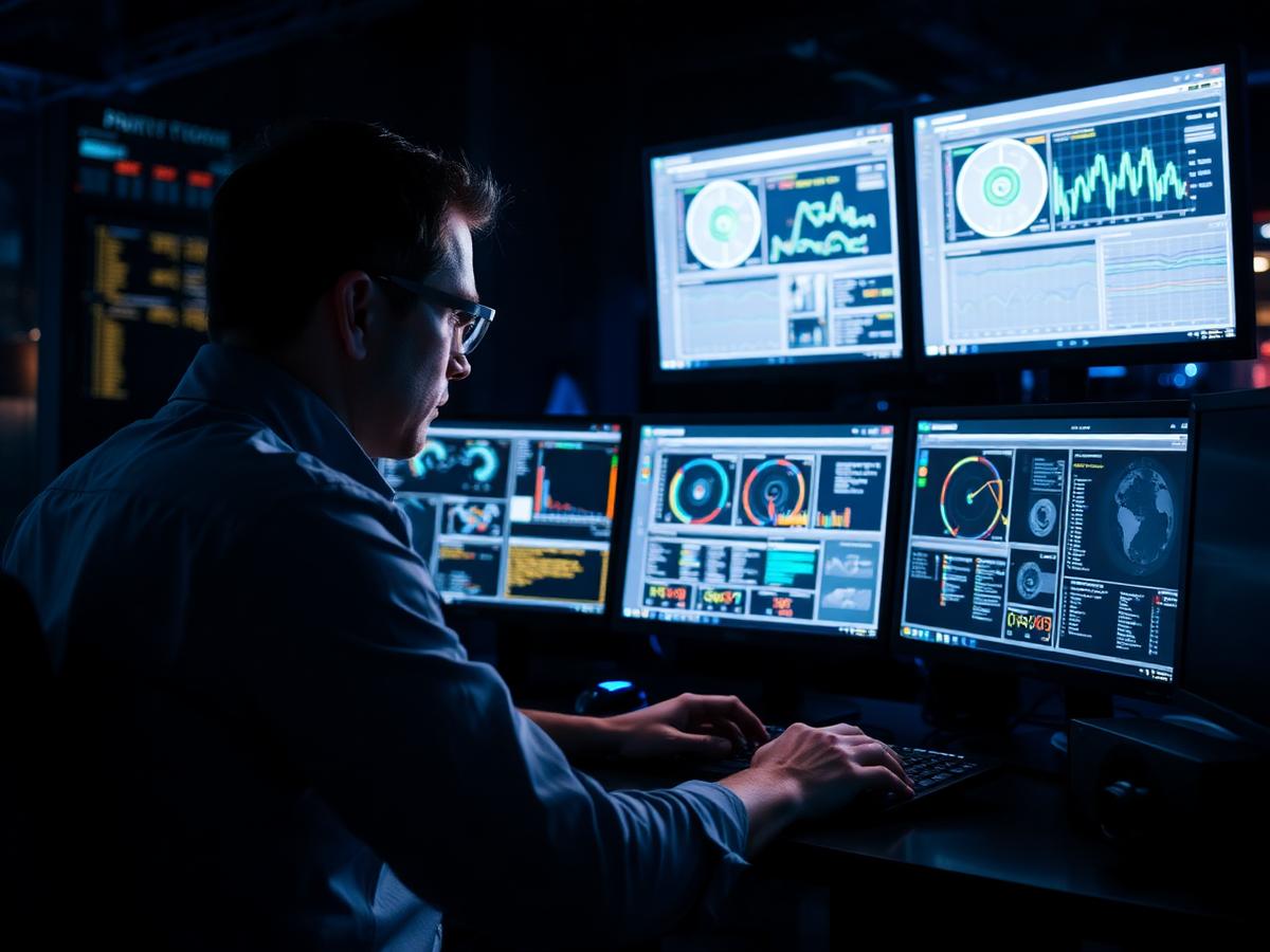 Engineer monitoring client networks on a multi-screen operations desk